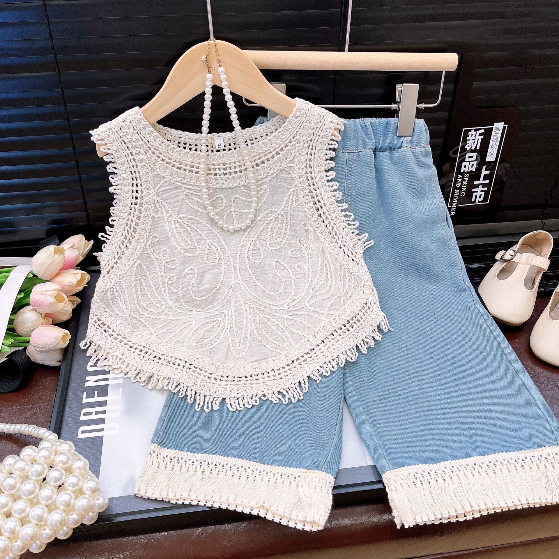 Girls' Summer Fashion Set, Cute Lace Knitted Top and Jeans Two-Piece Set, For 2-4 Years, Imported From china