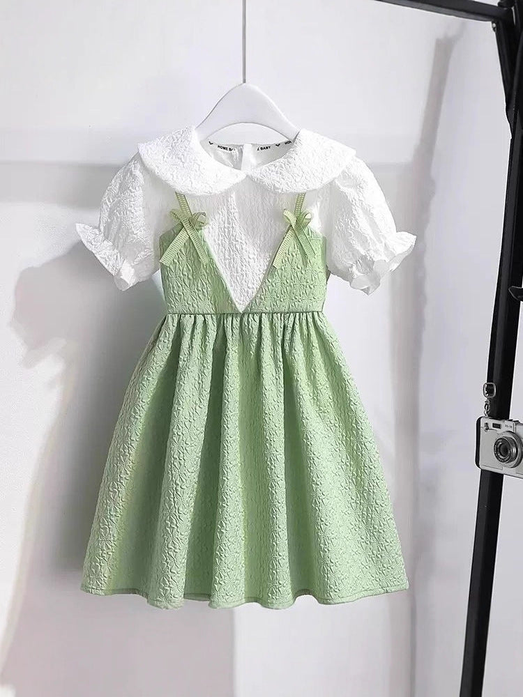 Girls' Summer Dress with Peter Pan Collar Color Block Design, For 2-7 Years, Imported From China