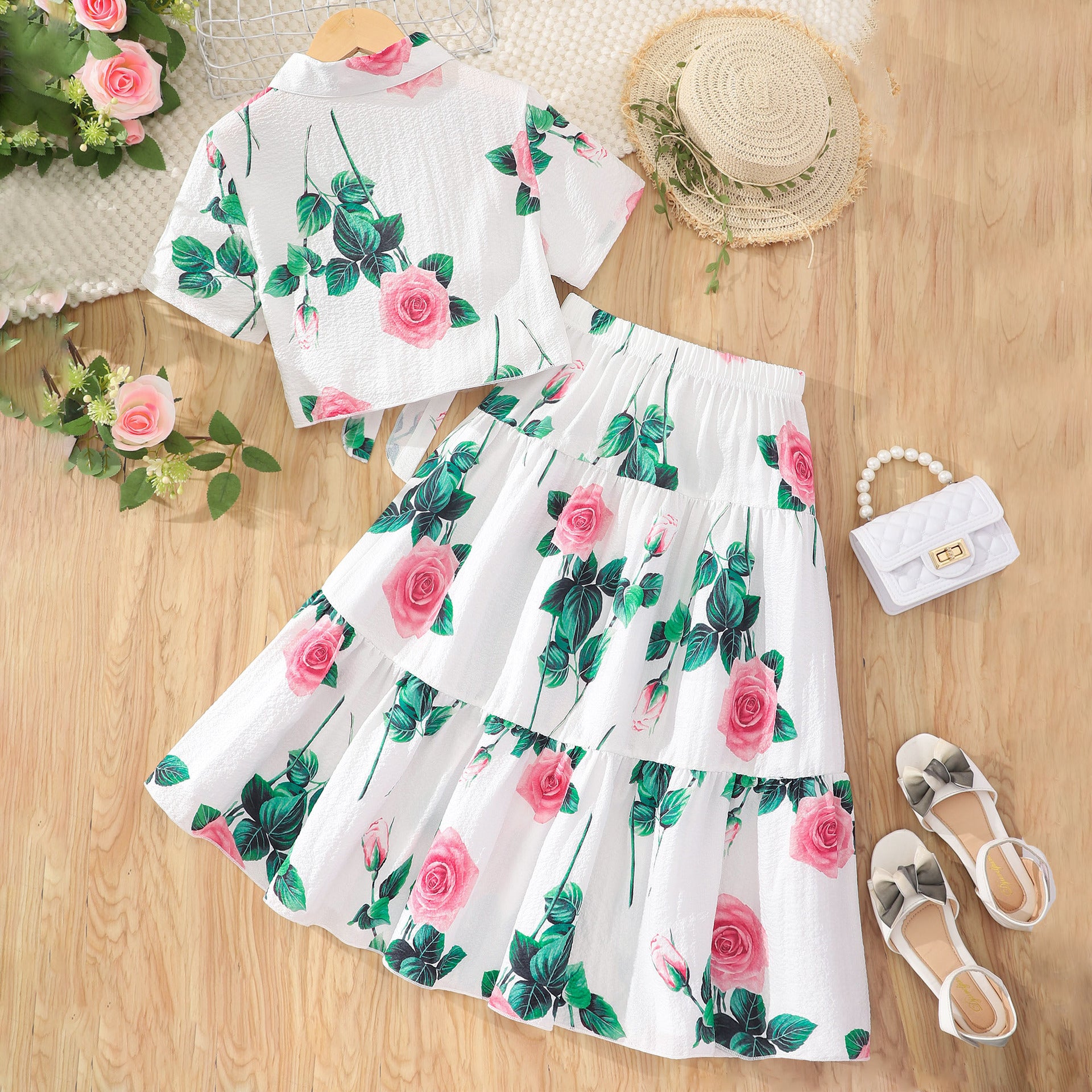 Girls short sleeve lapel flower printed skirt suit, For 10-11 Years, Imported From China