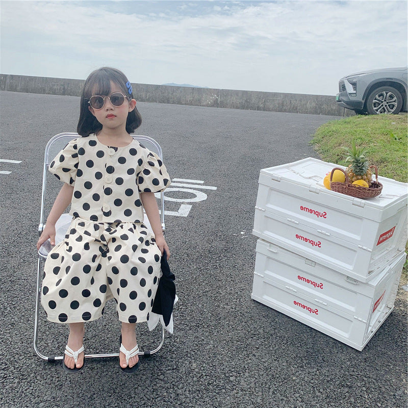 Girls' Outfit Polka Dot Short Top with Loose Wide-Leg Pants Summer, For 12-18 Months, imported From China