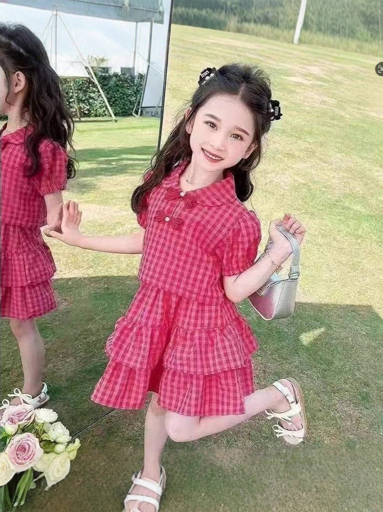 Girls' Fashionable and Sweet Plaid Skirt Suit Summer Ruffled, For 1-2 Years, Imported From China