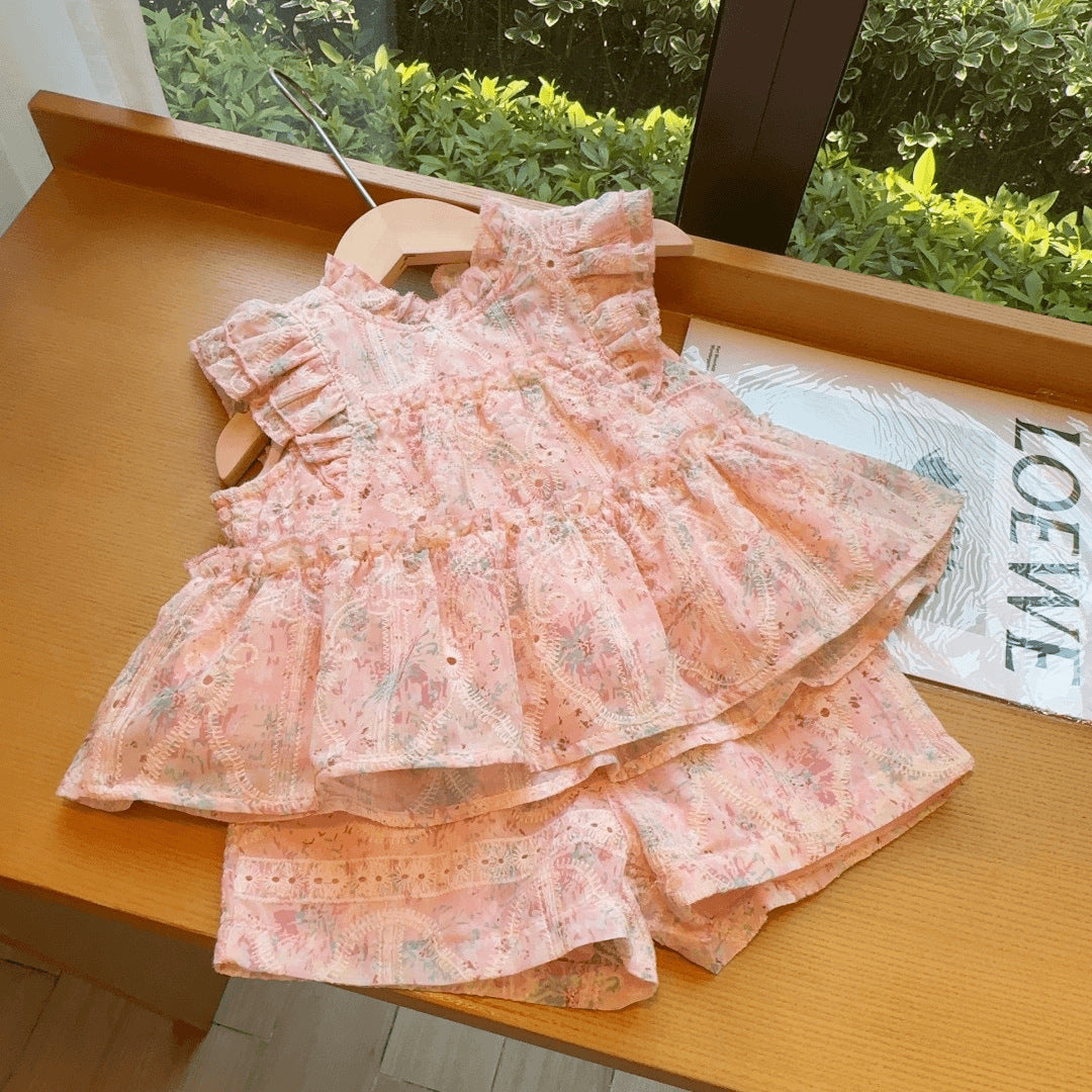 Summer New Girls' Pink Embroidered Flutter Sleeve Baby doll Top, For 2-6 Years  Imported From China