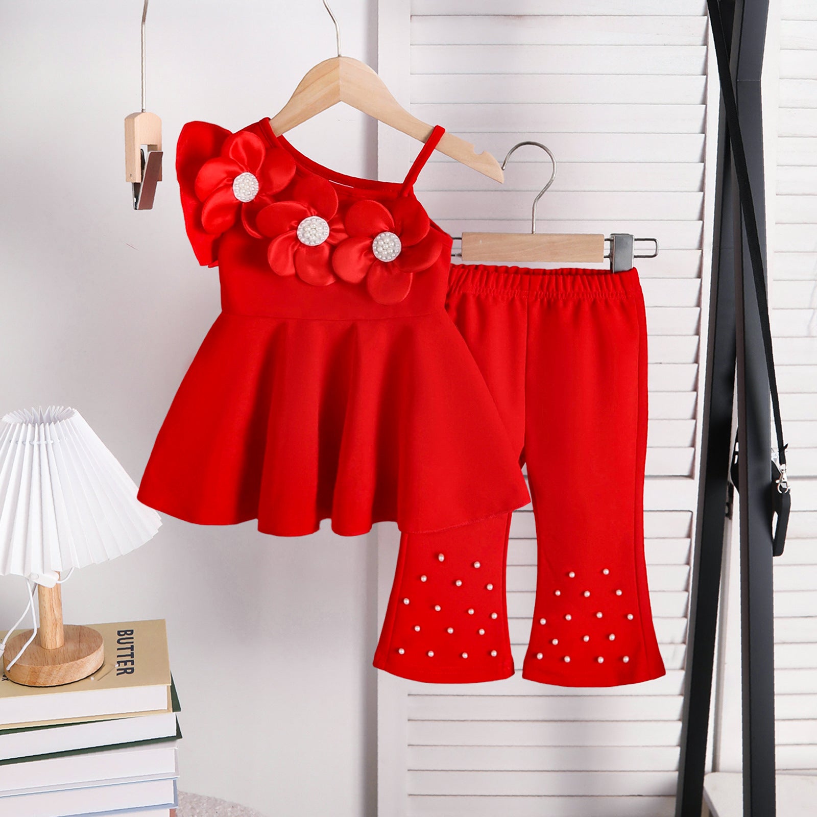 Cross-Border Casual Summer Outfit for Baby Girls: Single-Shoulder Top with Floral Appliqué, Sleeveless Dress, Beaded Flared Long Pants, Sweet Set 6-24 Month, 2-5 Year , Imported From China