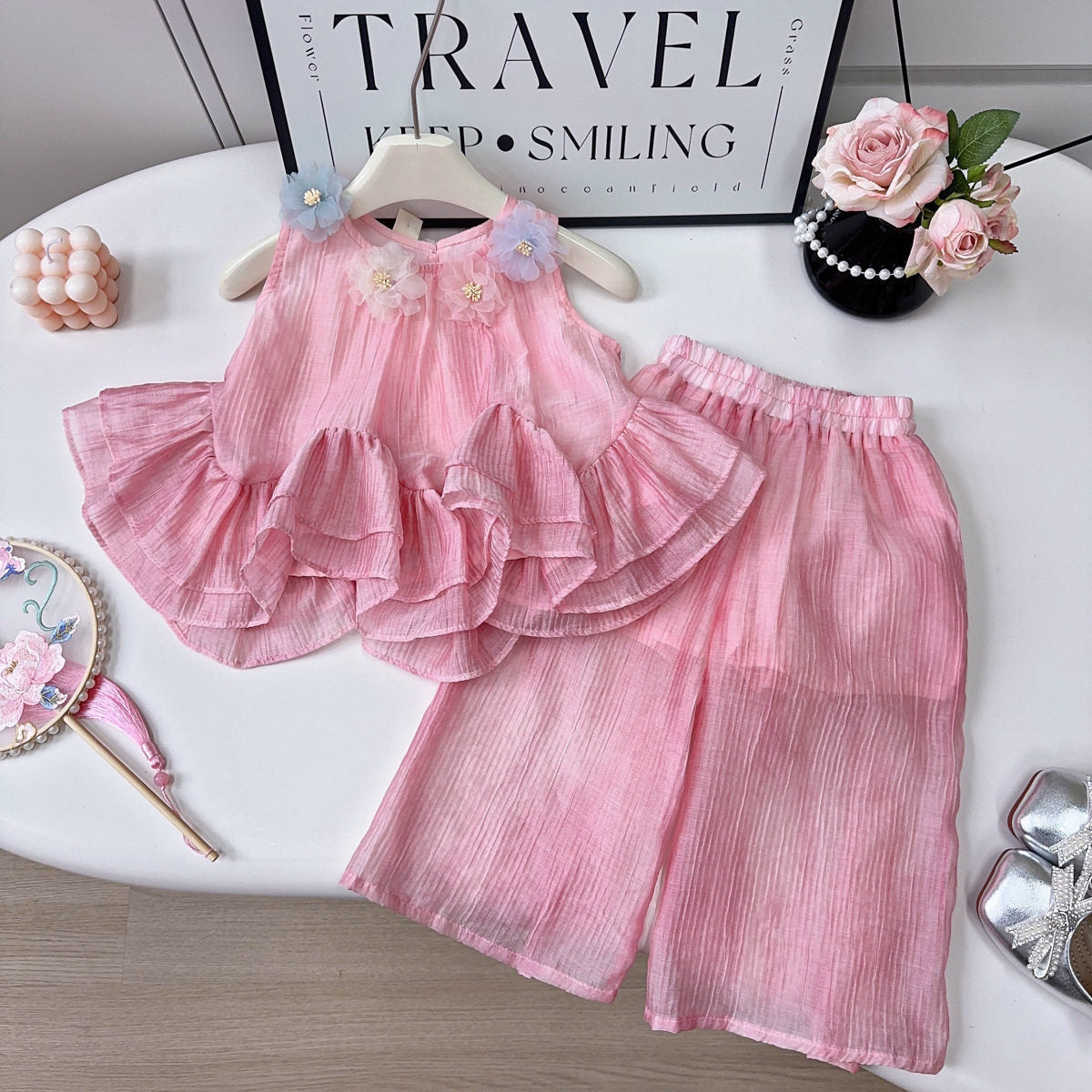 Summer Girls' Korean Style Breathable Lace Vest Set For 12-18 Months Imported From China