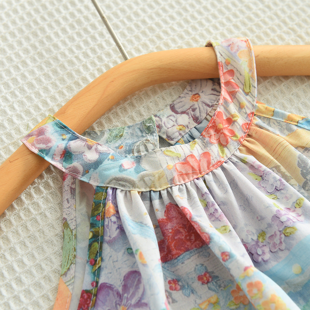 Cross-Border New Halter Neck Dress Summer Girls Flower Oil Painting For 3-4 Years, Imported from China
