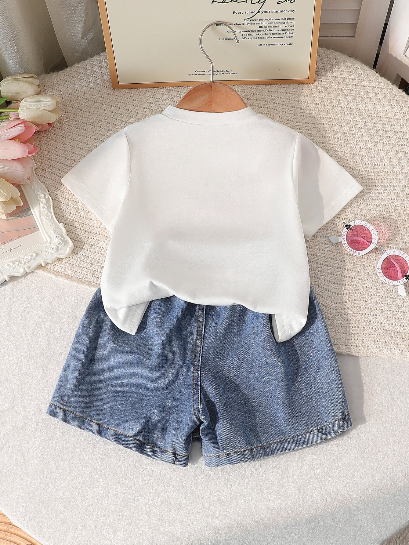 Girls Round Neck Printed Knitted Top Bow Embroidered Jeans Suit Two-Piece Set For 5 Years Imported From China