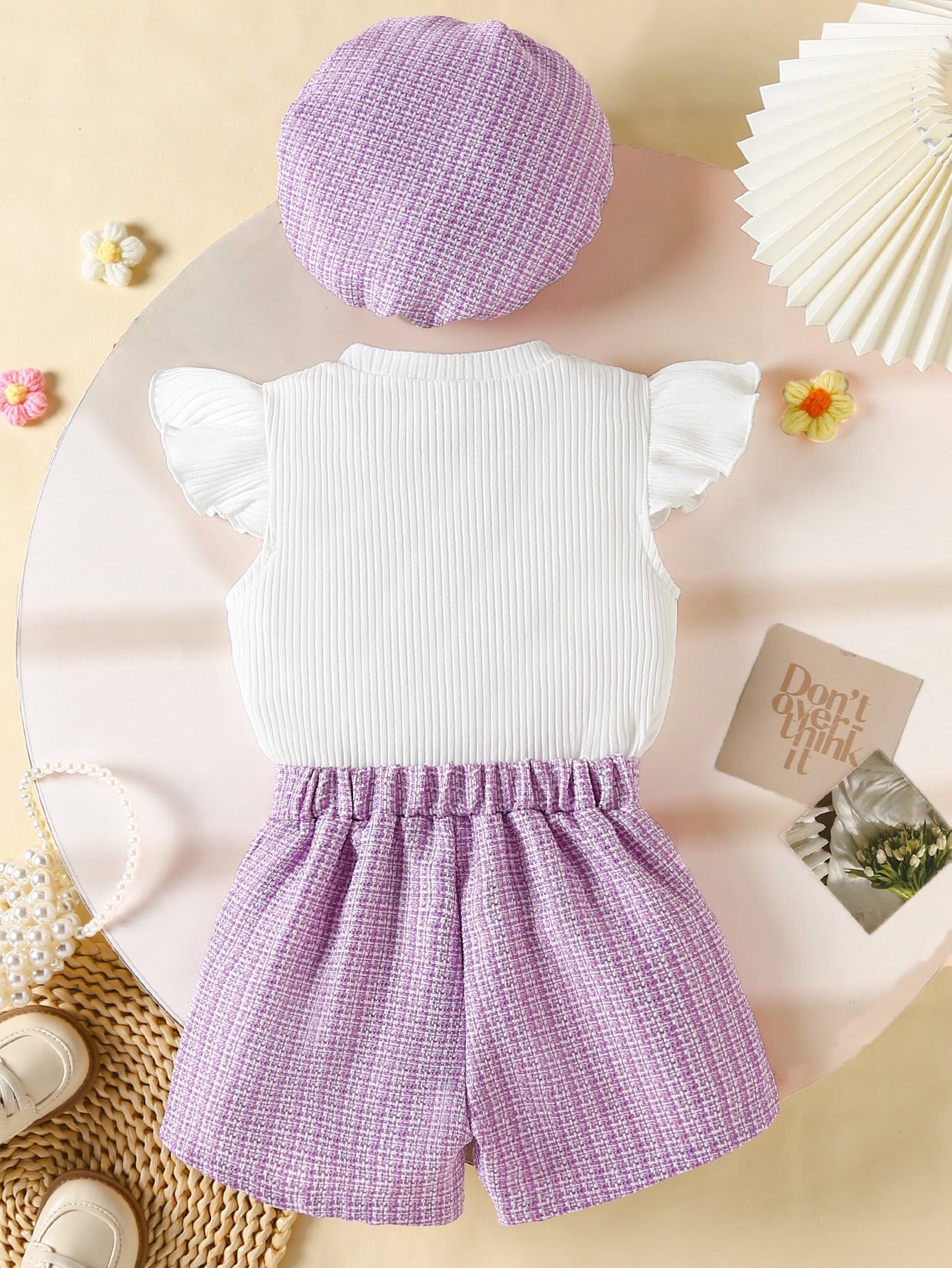 Summer baby girl pants set, solid color ribbed round neck T-shirt, 0-24 Months, Imported From China
