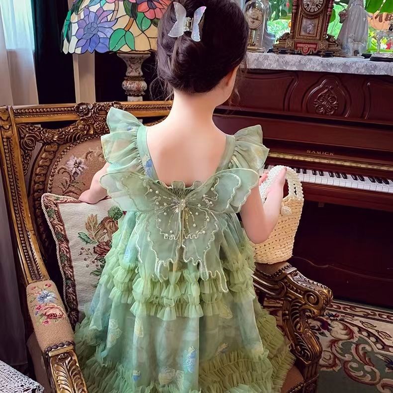 Girls Summer New Arrival dress Children Green Butterfly Mesh Princess Dress, For 2-3 Years, Imported From China