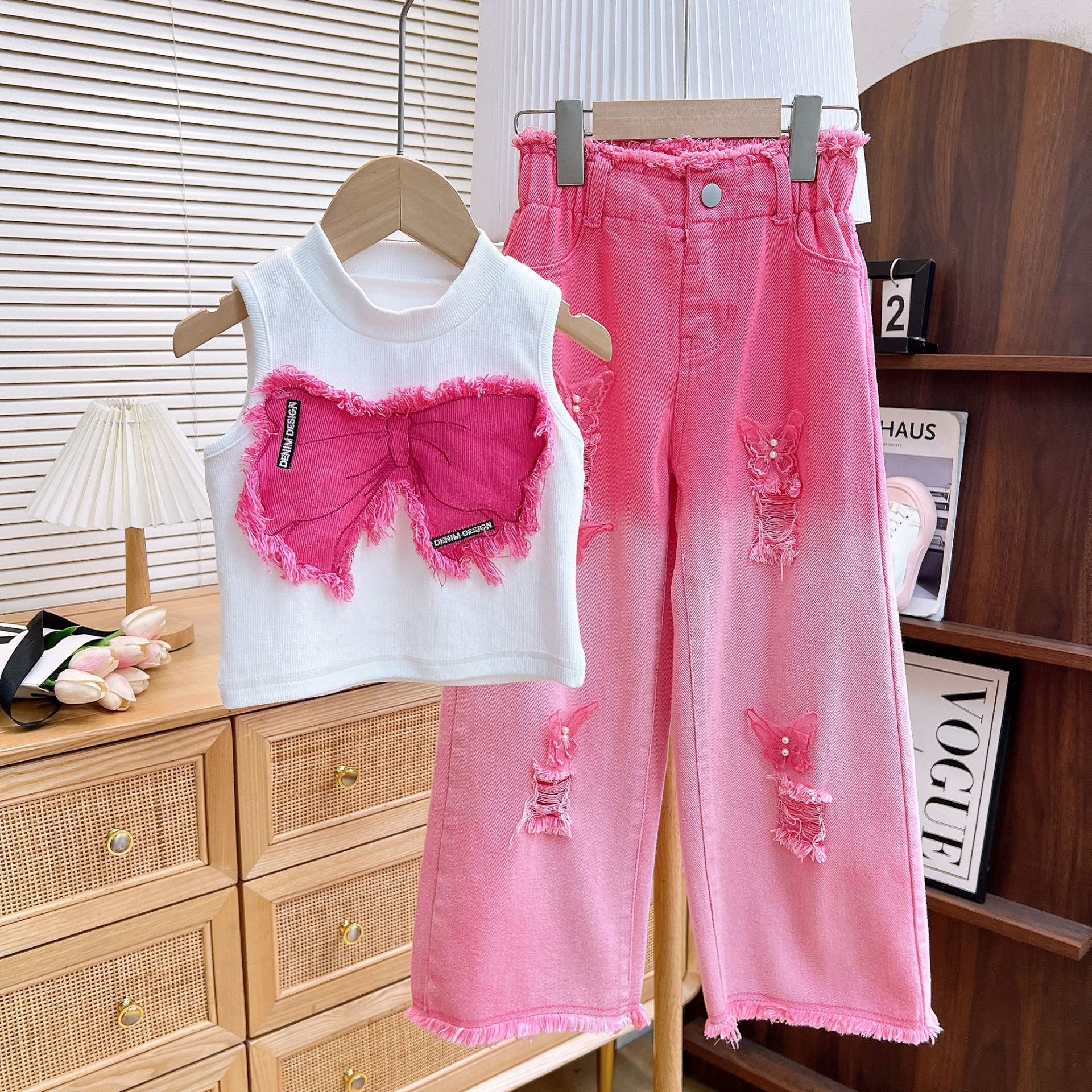 Girls Summer Suit Kidsren's Sleeveless Ripped Jeans For 7 Years Imported From China