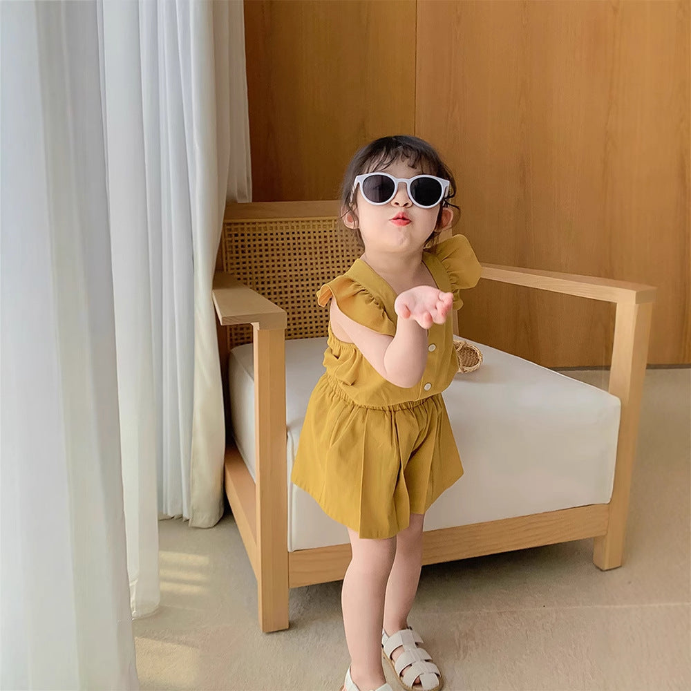 Children's sweet suit girls summer flying sleeve jacket + shorts, For 5-6 Years, Imported From China