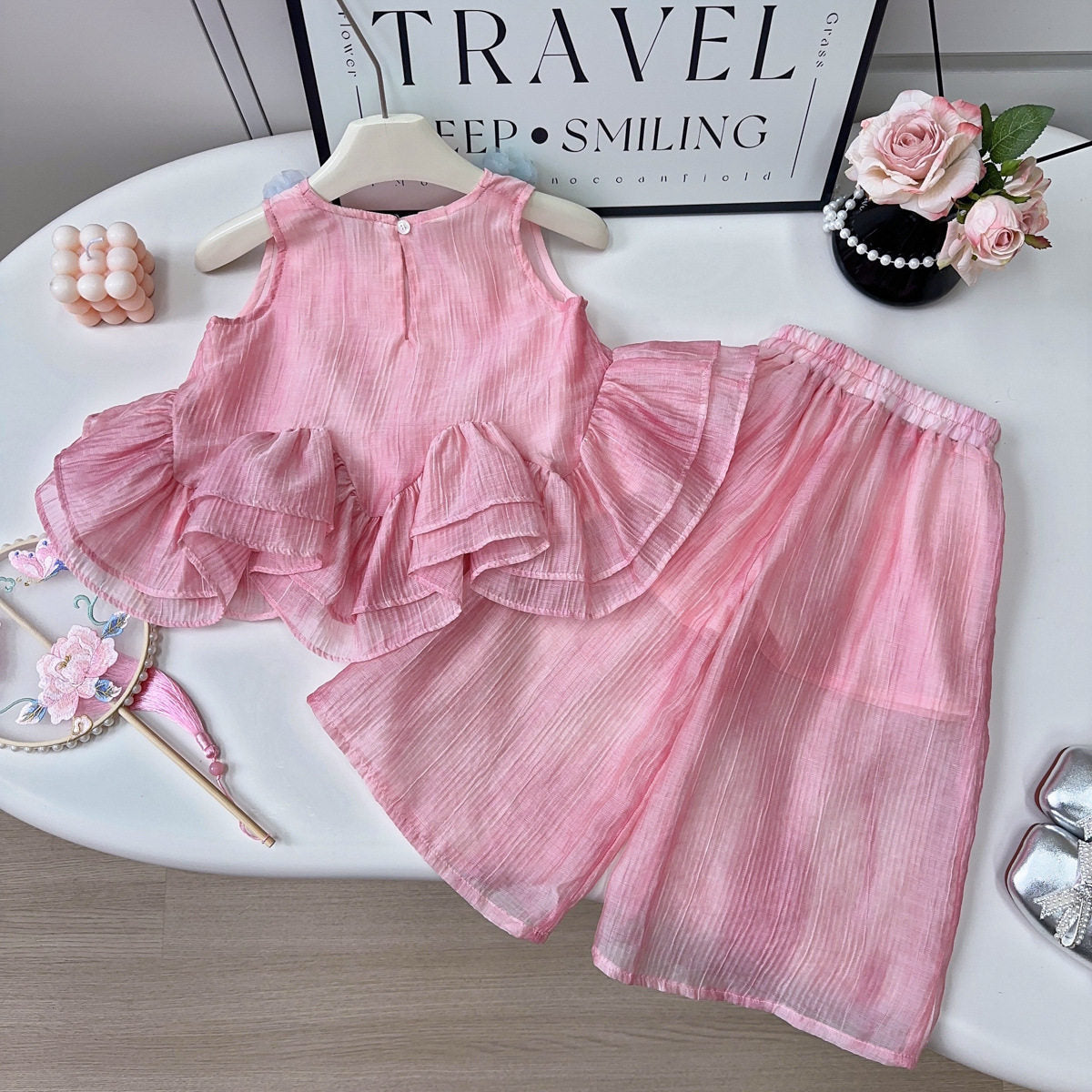 Summer Girls' Korean Style Breathable Lace Vest Set For 12-18 Months Imported From China