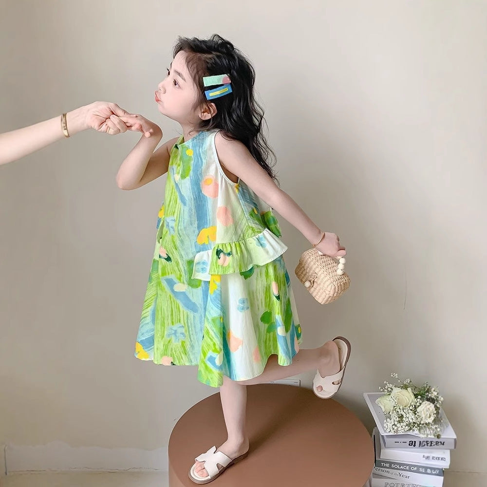 Children's colorful oil painting sleeveless vest dress, printed, For 3-4 Years, Imported From China