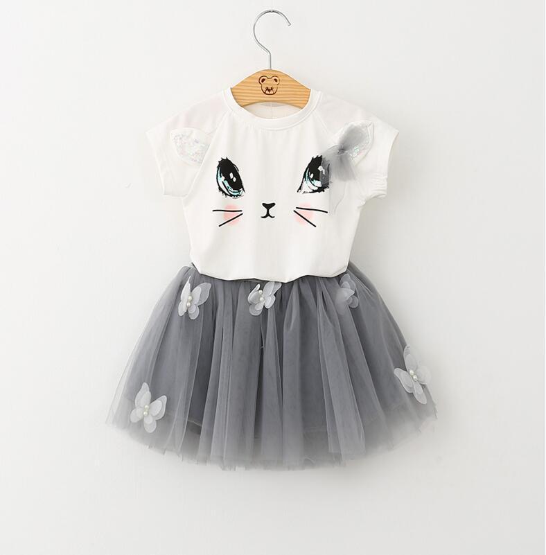 Summer Children's Clothing Dropshipping Girls Cute Cat T-Shirt+Skirt, For 1-4 Years, Imported From China