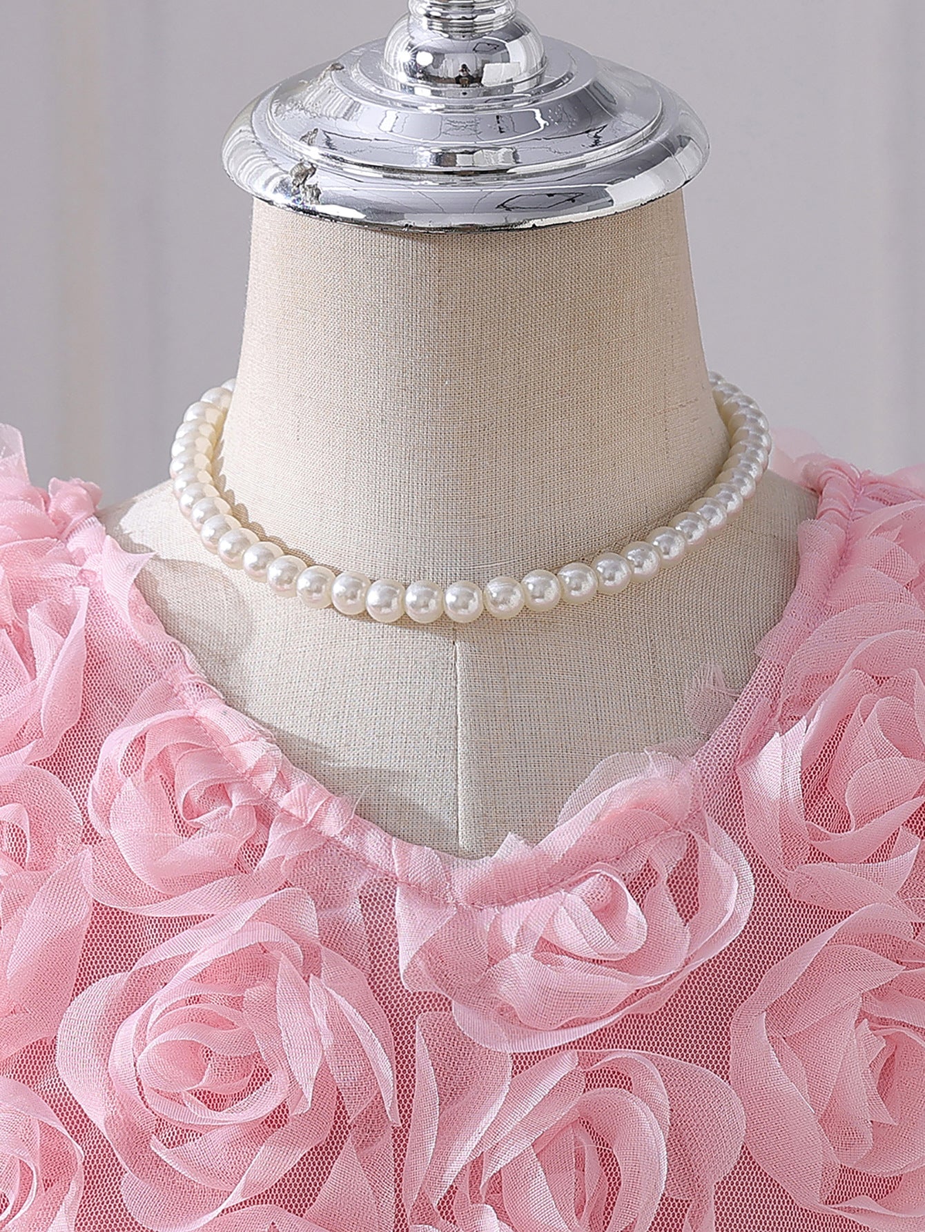 Girls' Pink 3D Rose Puff Sleeve Dress Summer Children's Bow Puff, For 3-4 Years, Imported From China