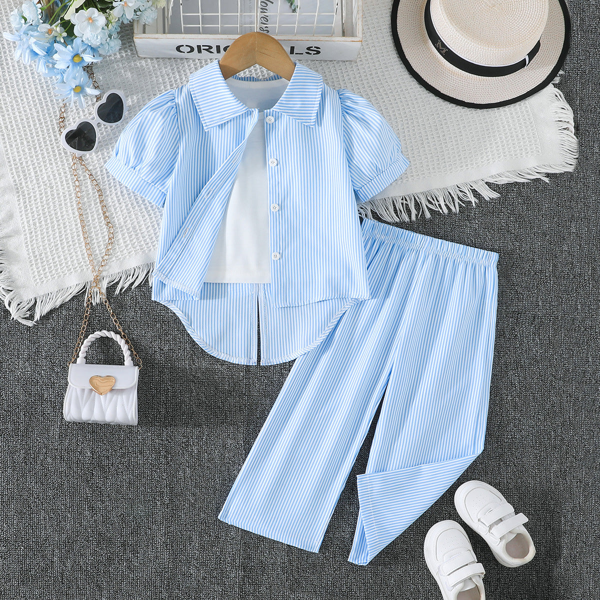 Girls' Clothing Blue and White Striped Two-Piece Shirt Set, For 6-7 Years, Imported From China