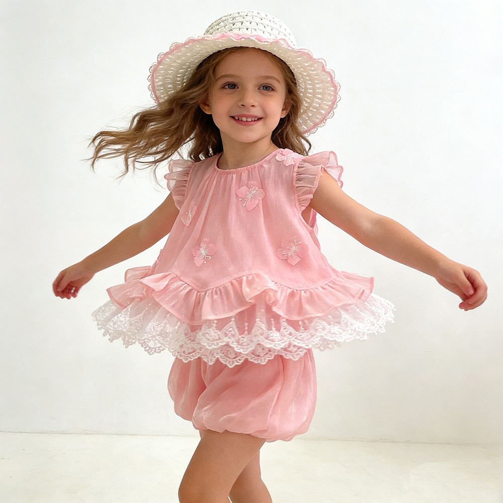 Summer New Sweet Style Girls' Bow-Tie Lace Vest and Shorts Set, For 5-6 Years, Imported From China
