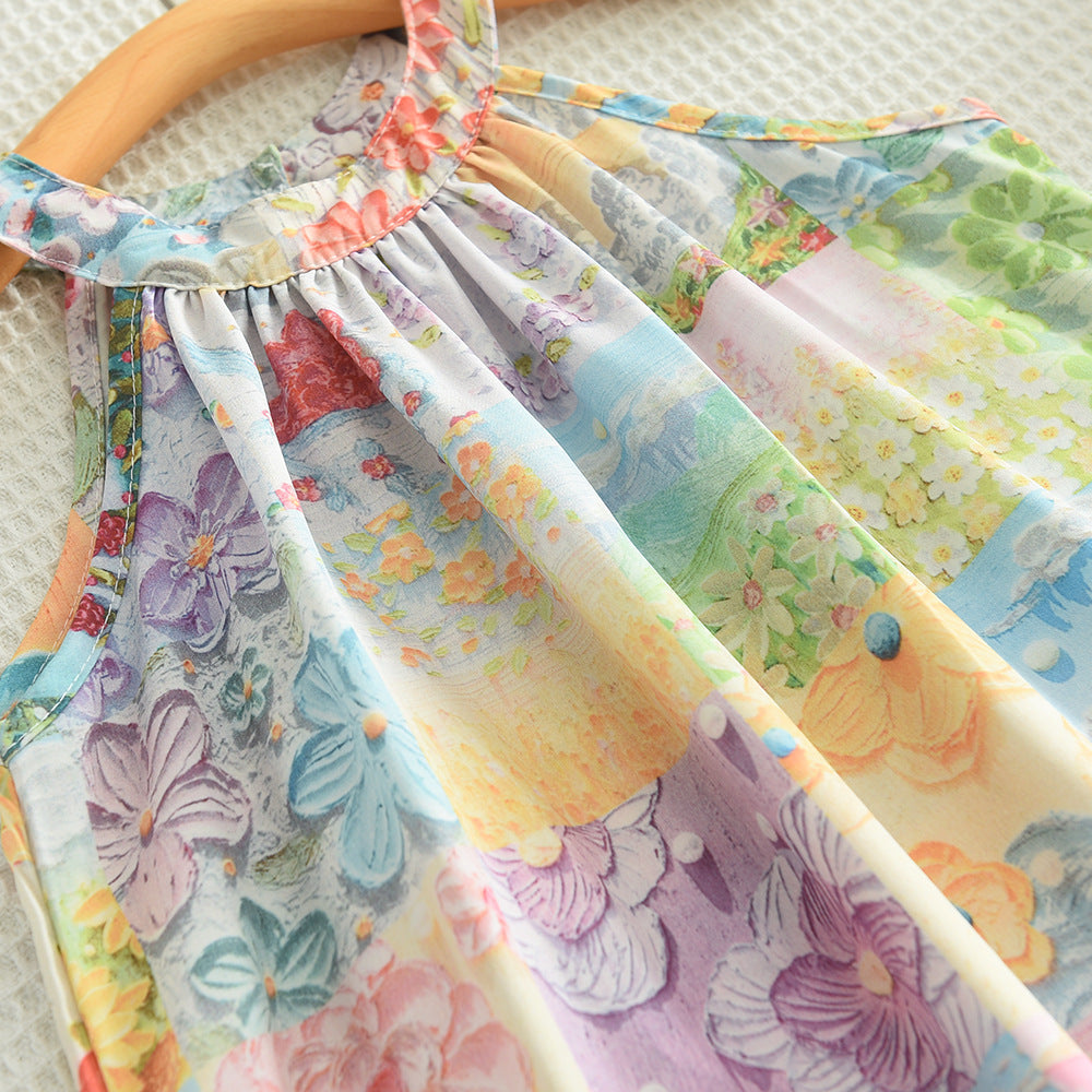 Cross-Border New Halter Neck Dress Summer Girls Flower Oil Painting For 3-4 Years, Imported from China