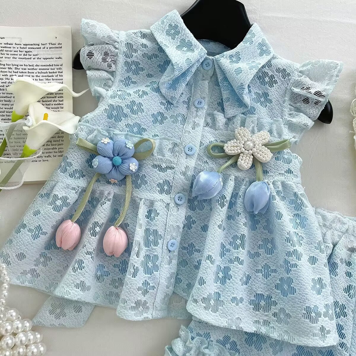 Summer Girls Suit Lace Flower Vest Top Lace Shorts Baby, For 4-7 Years, Imported From China
