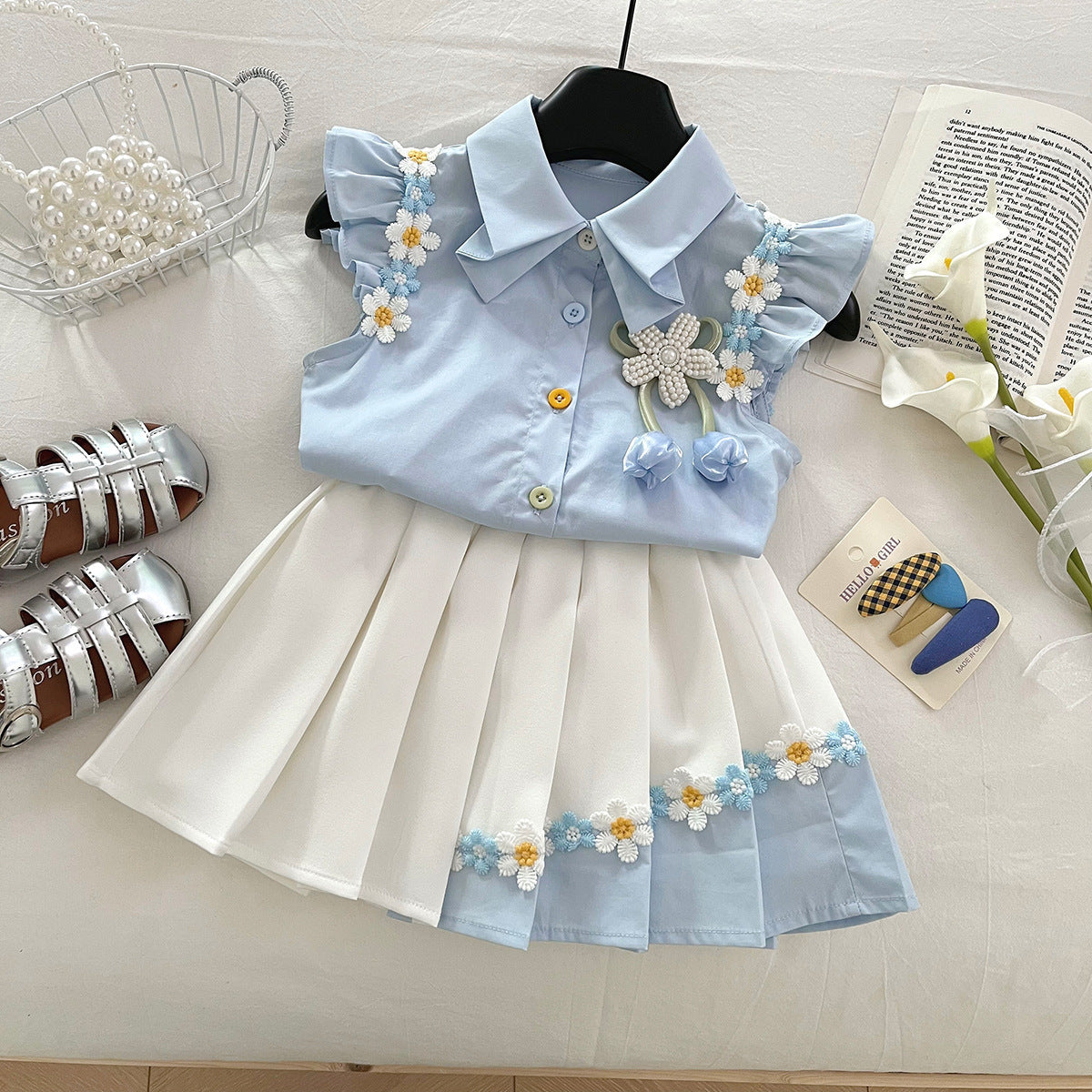 Girls Summer Small Flying Sleeve Shirt Skirt Suit Lace Short-Sleeved, For 1-3 years Imported from China