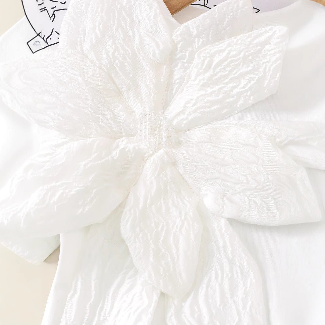 Summer T-Shirt with Floral Design, Solid Color Pearl Buttons, For 5 Years, Imported From China