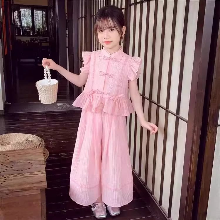 New Chinese Style Wide-Leg Pants Set for Girls For 10 Years, Imported From China