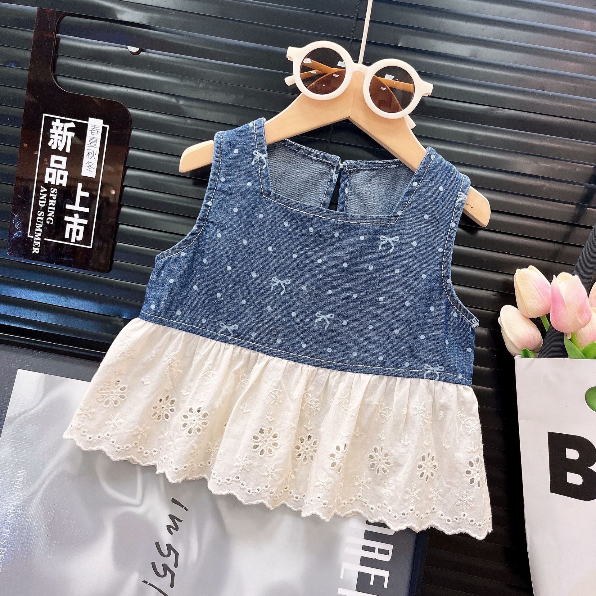 Girls' Summer Printed Denim Sleeveless Vest, For 3, 5 Years,  Imported From China