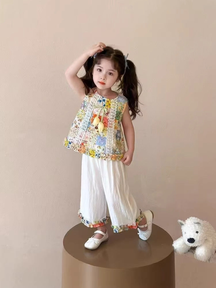 Girl's Set - Monet Garden Summer New Style Vest Wide-Leg Pants Two Piece Set For 1 Years, Imported From China