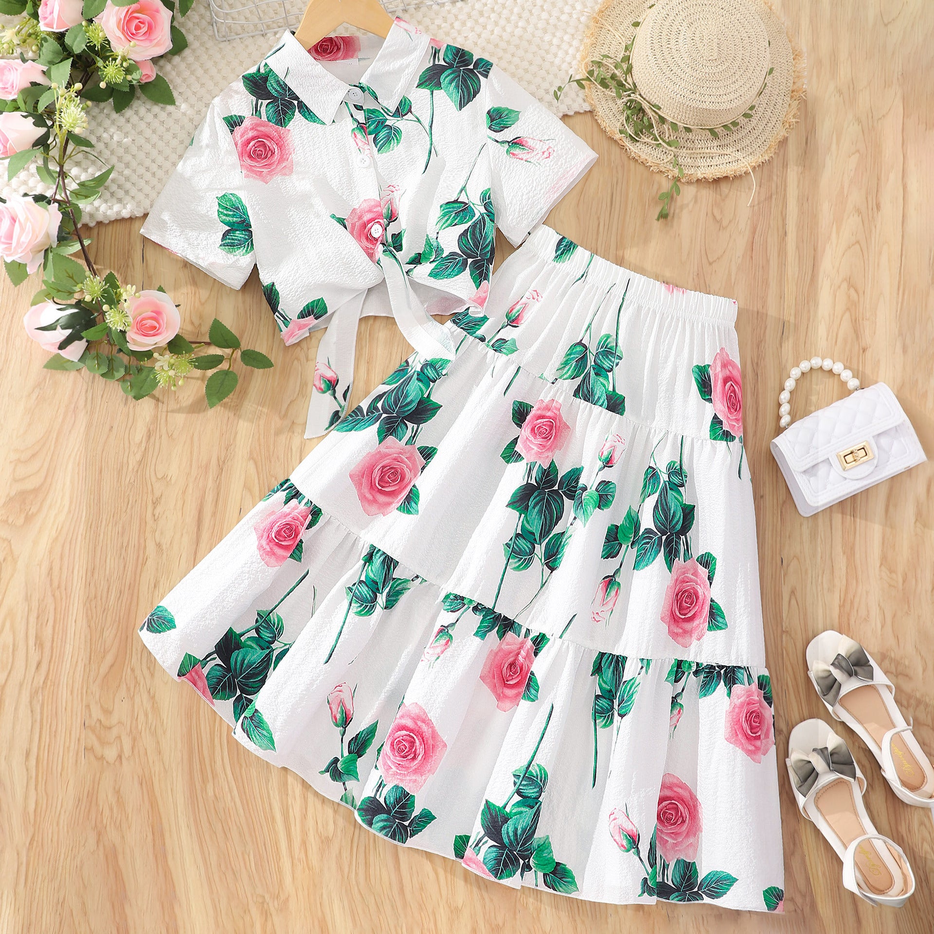 Girls short sleeve lapel flower printed skirt suit, For 10-11 Years, Imported From China