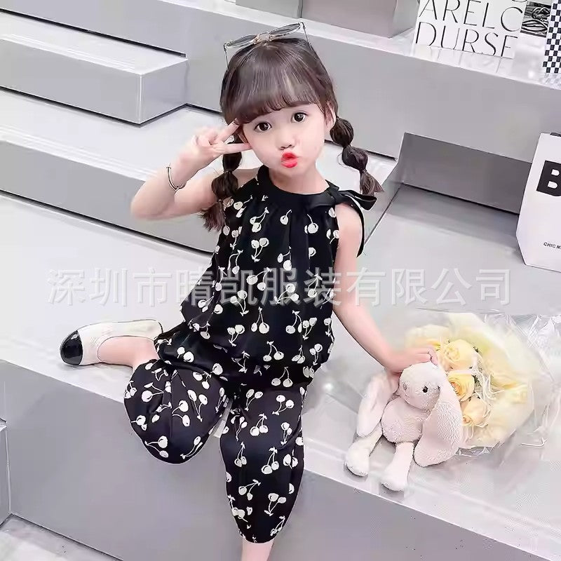 New stylish summer casual girls' suit with cherry blossom halter neck, For 1-2 Years, Imported From China