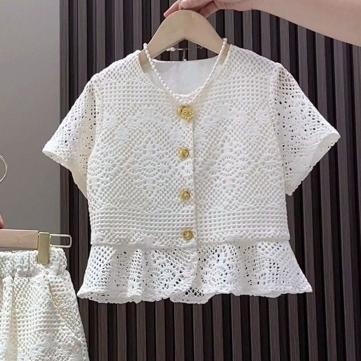 Girls' Summer Set New Korean Style Lace Sweet Short-Sleeved Set For 6-13 years, Imported From China