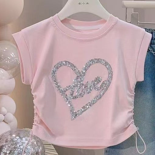 Girls' Summer Outfit Stylish Sequin Heart Short-Sleeve Top with Denim Skirt Two-Piece Set Trendy For 3 Years, Imported From China