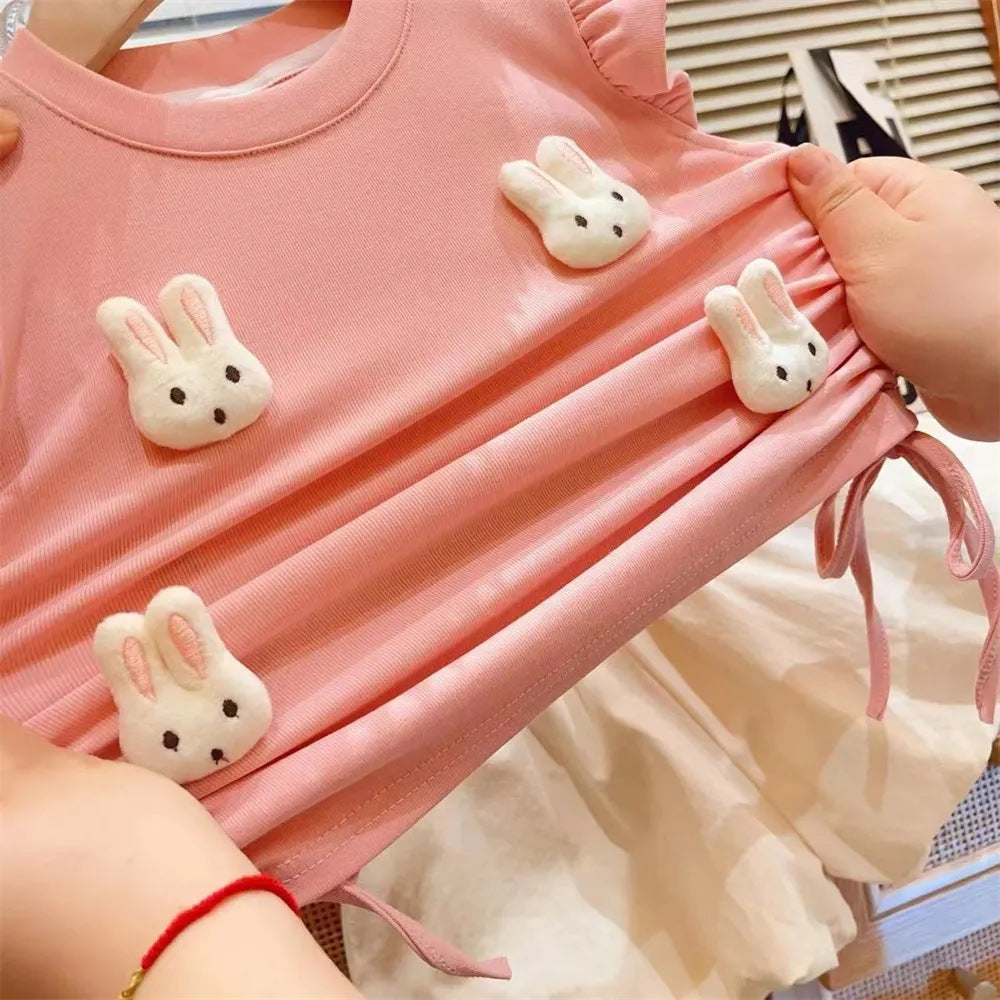 New summer set for girls, cute 3D bunny drawstring top and shorts, For 5-7 Years, Imported From China