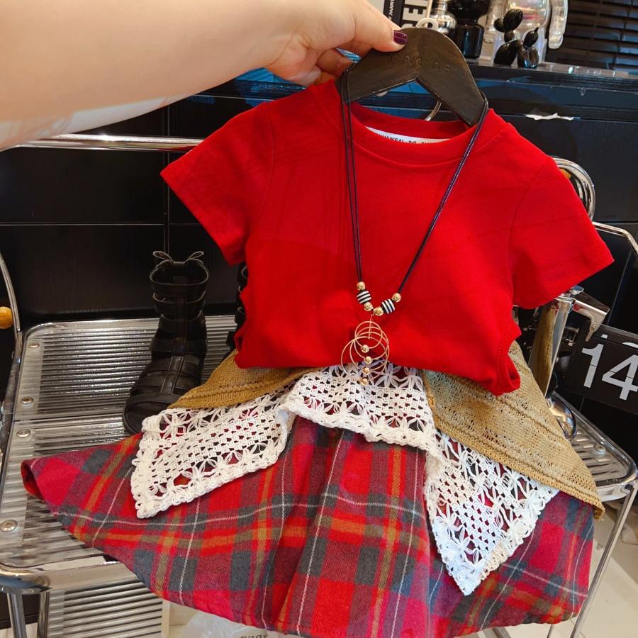 Summer Fashion Girls' Versatile Short-Sleeved Patchwork Plaid 1-6 Years Imported From China