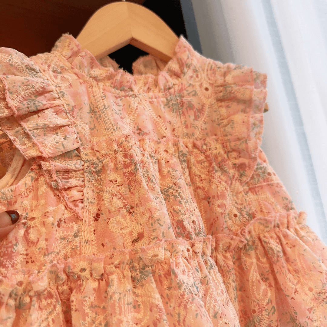 Summer New Girls' Pink Embroidered Flutter Sleeve Baby doll Top, For 2-6 Years  Imported From China
