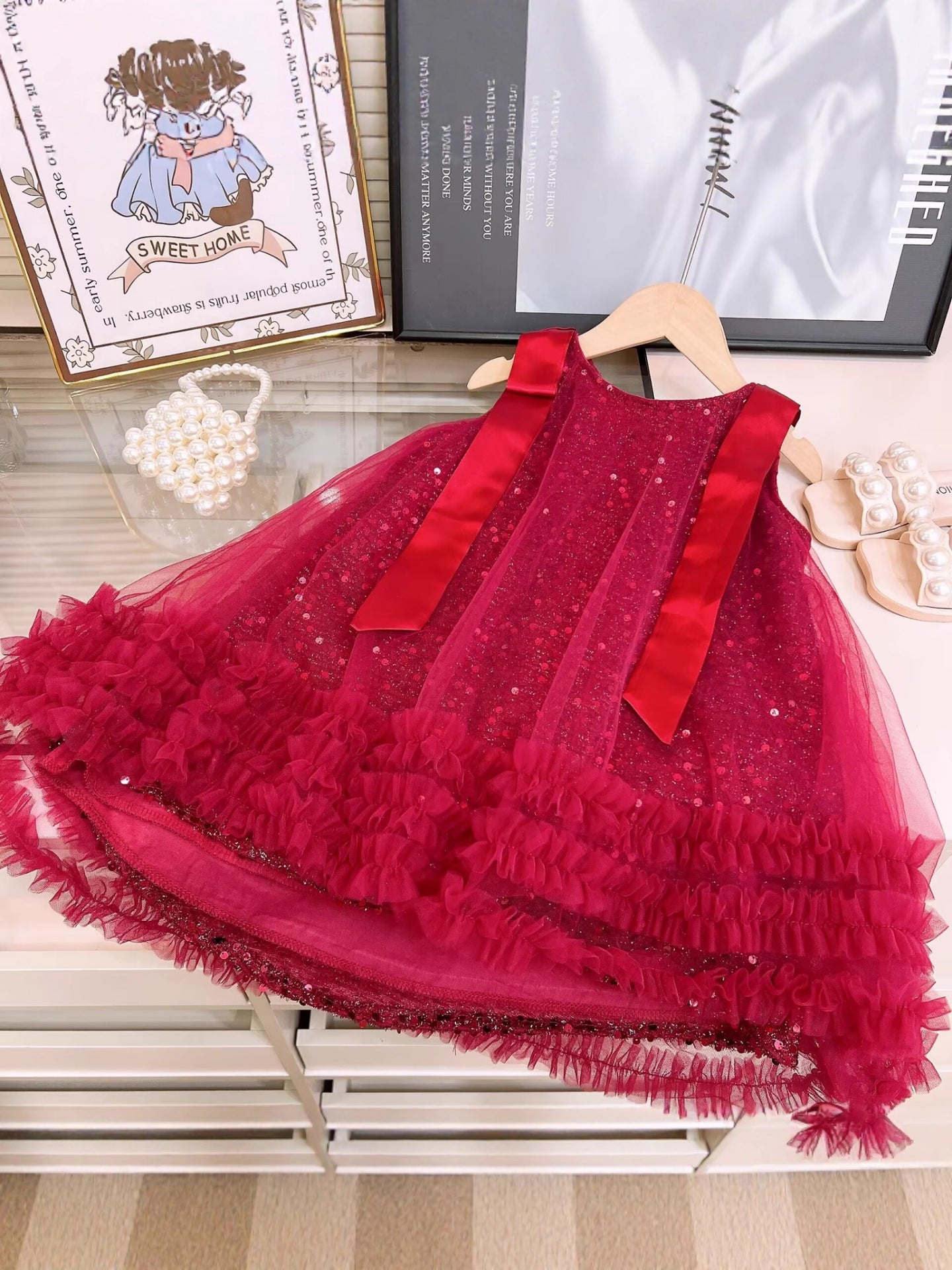 Summer Girls' Red Sequined Mesh Dress Sleeveless Princess Dress, For 4 Years, Imported From China
