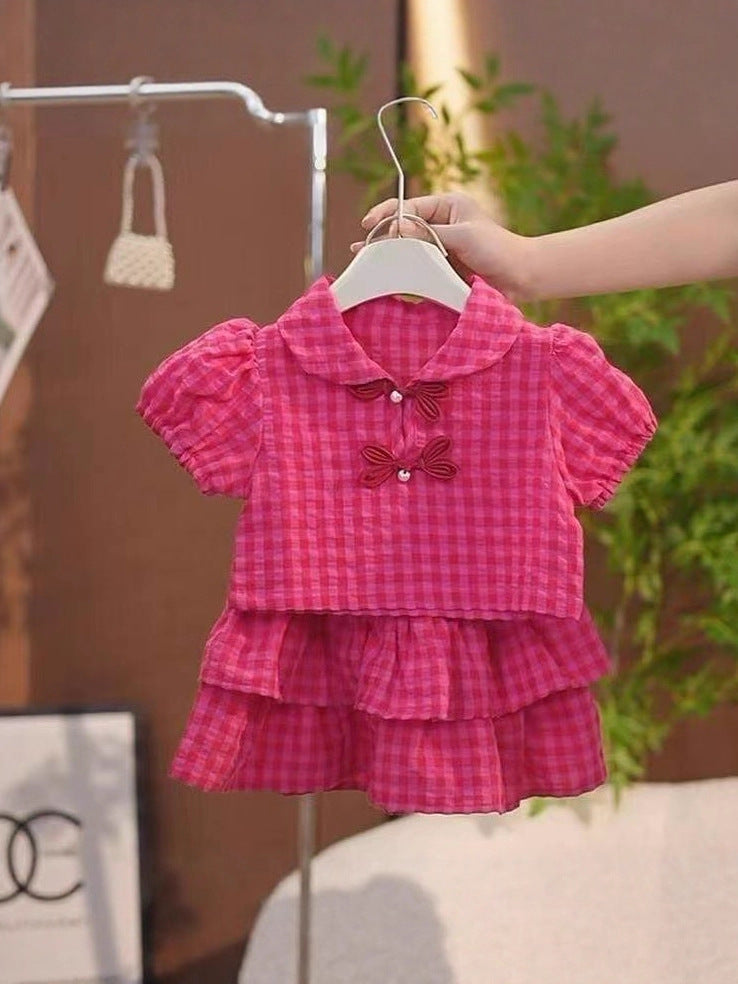 Girls' Fashionable and Sweet Plaid Skirt Suit Summer Ruffled, For 1-2 Years, Imported From China