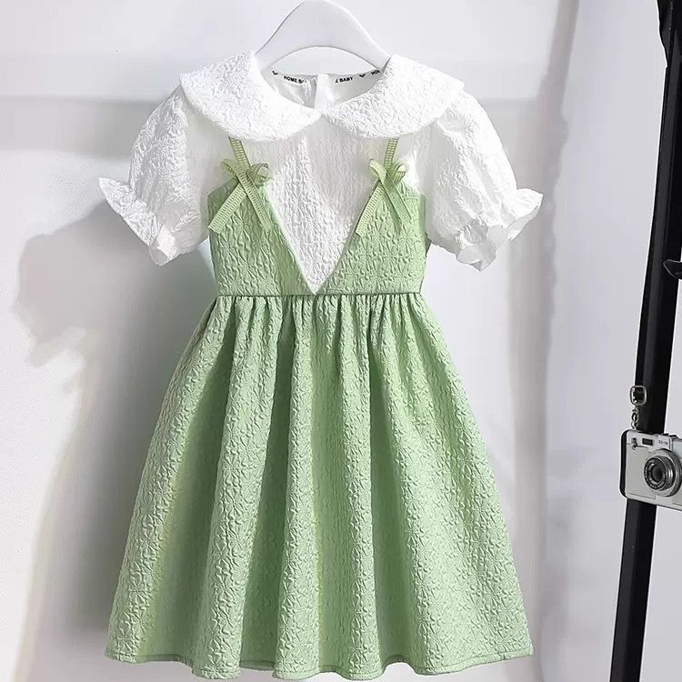 Girls' Summer Dress with Peter Pan Collar Color Block Design, For 2-7 Years, Imported From China