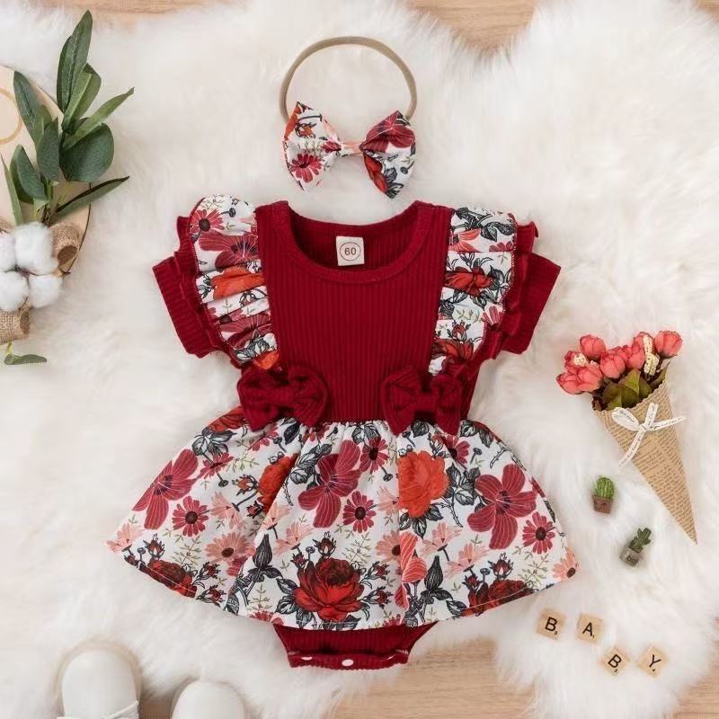 Baby romper dress with floral trim and bow, short-sleeved, 0-18 month, Imported From China