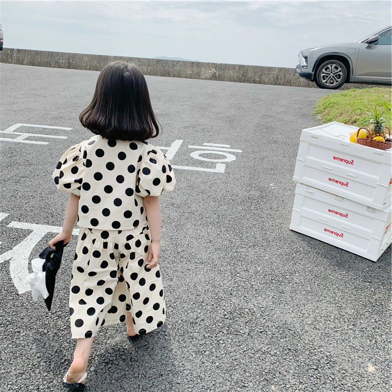Girls' Outfit Polka Dot Short Top with Loose Wide-Leg Pants Summer, For 12-18 Months, imported From China