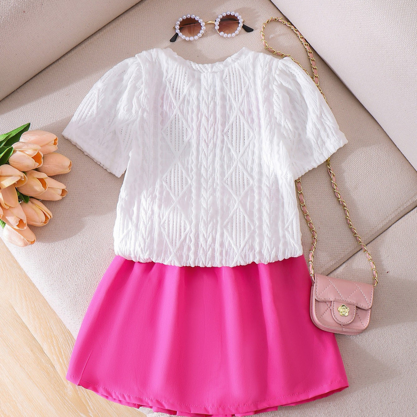 Two-Piece Set of Rose Short Skirts for Girls, Children's Clothing, For 5-6 Years, Imported From China