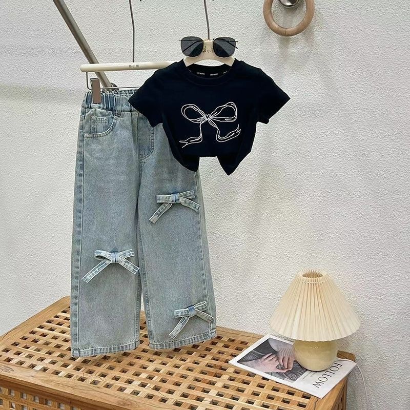 Girls Jeans Summer Suit Medium and Large Kidskin's Thai Short-Sleeved T-Shirt Summer Fashionable Two-Piece Set For 3-9 Years Imported From China