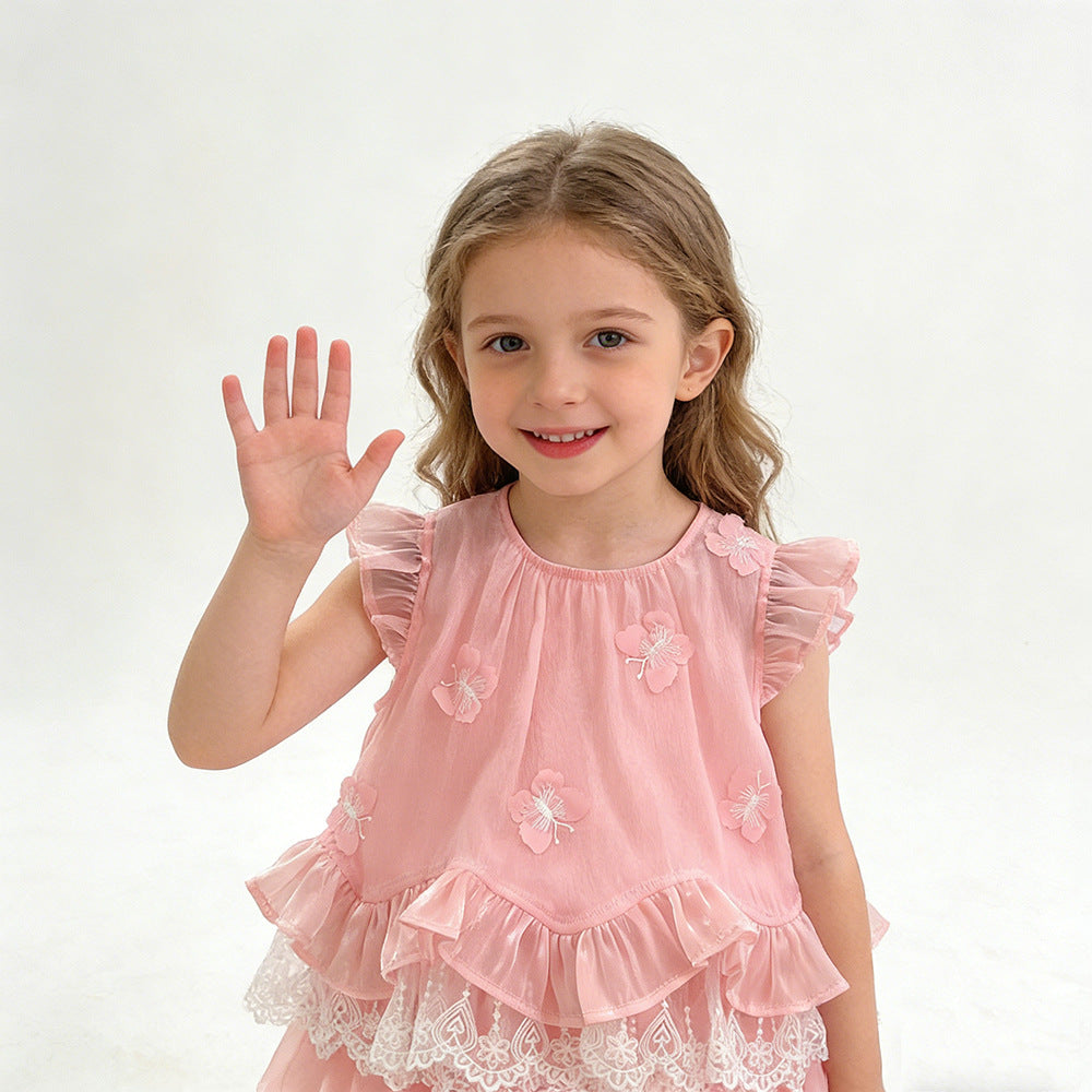 Summer New Sweet Style Girls' Bow-Tie Lace Vest and Shorts Set, For 5-6 Years, Imported From China