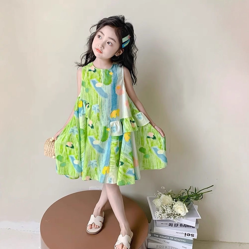 Children's colorful oil painting sleeveless vest dress, printed, For 3-4 Years, Imported From China