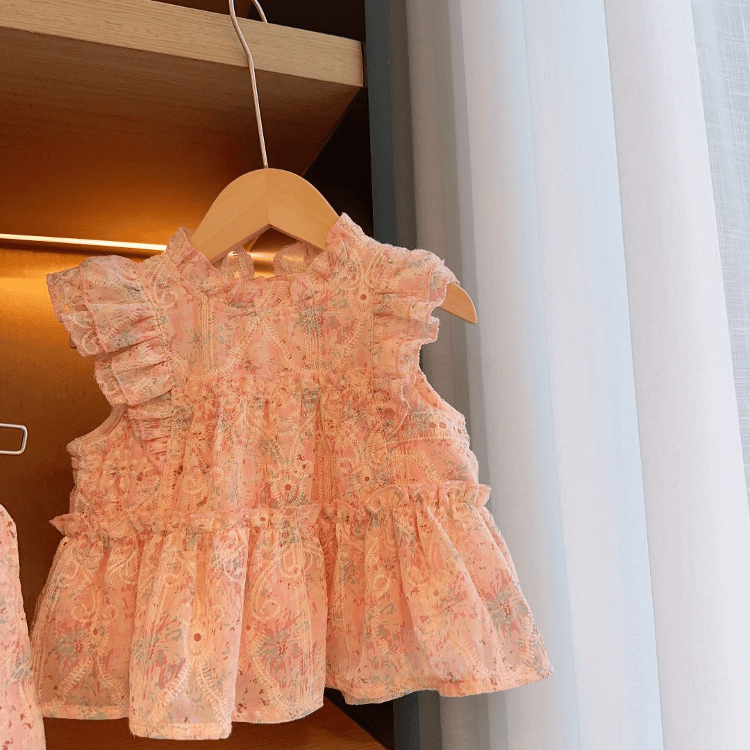Summer New Girls' Pink Embroidered Flutter Sleeve Baby doll Top, For 2-6 Years  Imported From China
