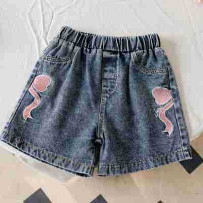 Girls Casual Summer Cute Bow Print Short Sleeve T-Shirt + Denim, For 5-7 Years, Imported From China
