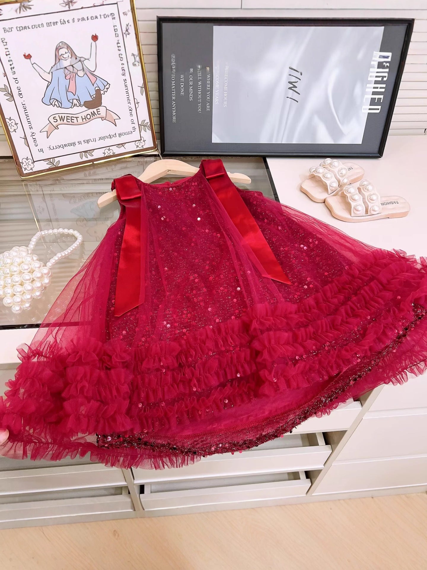 Summer Girls' Red Sequined Mesh Dress Sleeveless Princess Dress, For 4 Years, Imported From China