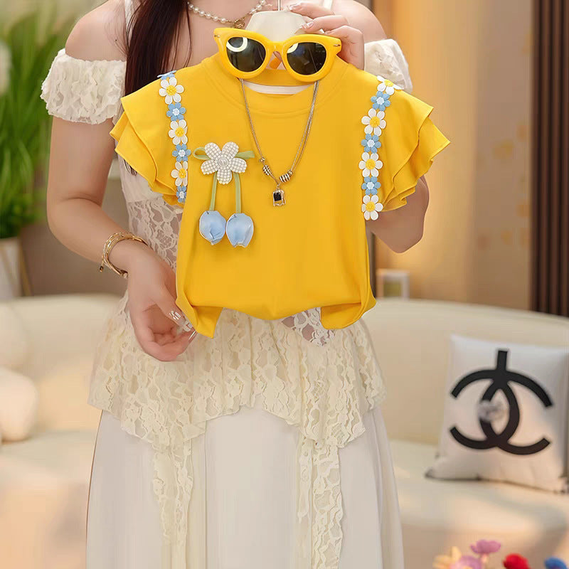 Korean Style Kidsren's Clothing Girls Short-Sleeved T-Shirt Suit Summer, For 7 Years, Imported From China