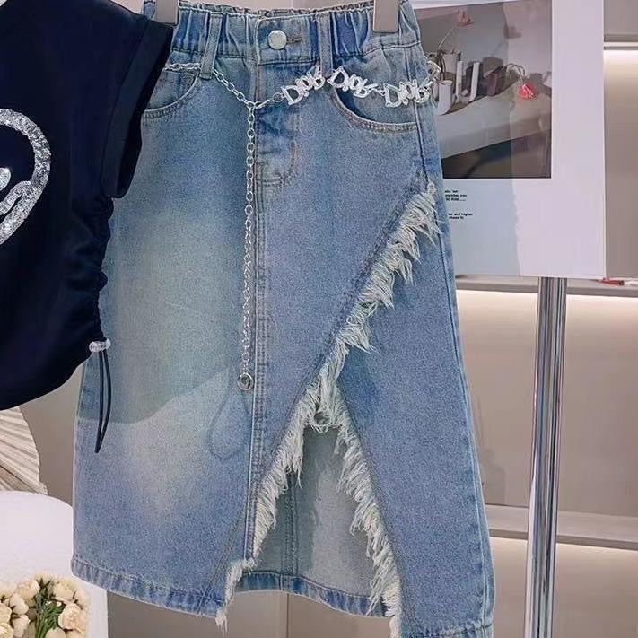 Girls' Summer Outfit Stylish Sequin Heart Short-Sleeve Top with Denim Skirt Two-Piece Set Trendy For 4 Years, Imported From China