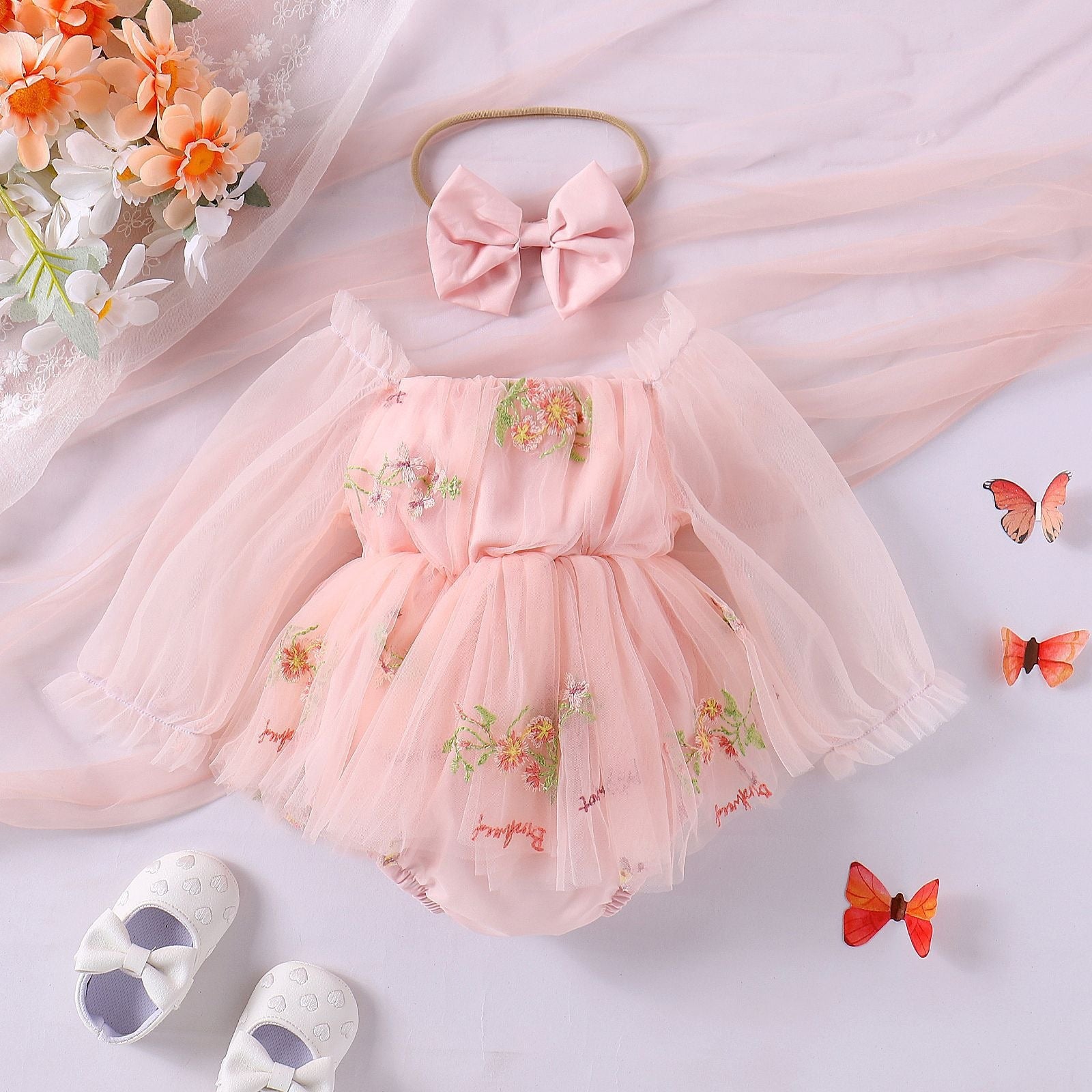 Embroidered Skirt-Style Infant Romper for Girls, For 0-18 Months, Imported From China