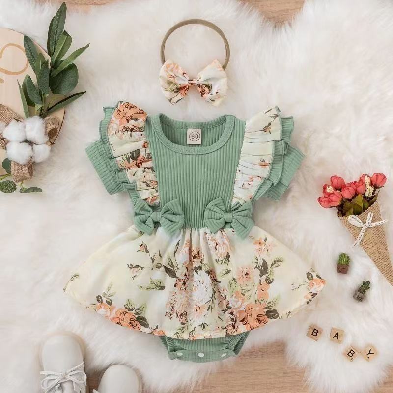 Baby romper dress with floral trim and bow, short-sleeved, 0-18 Month, Imported From China